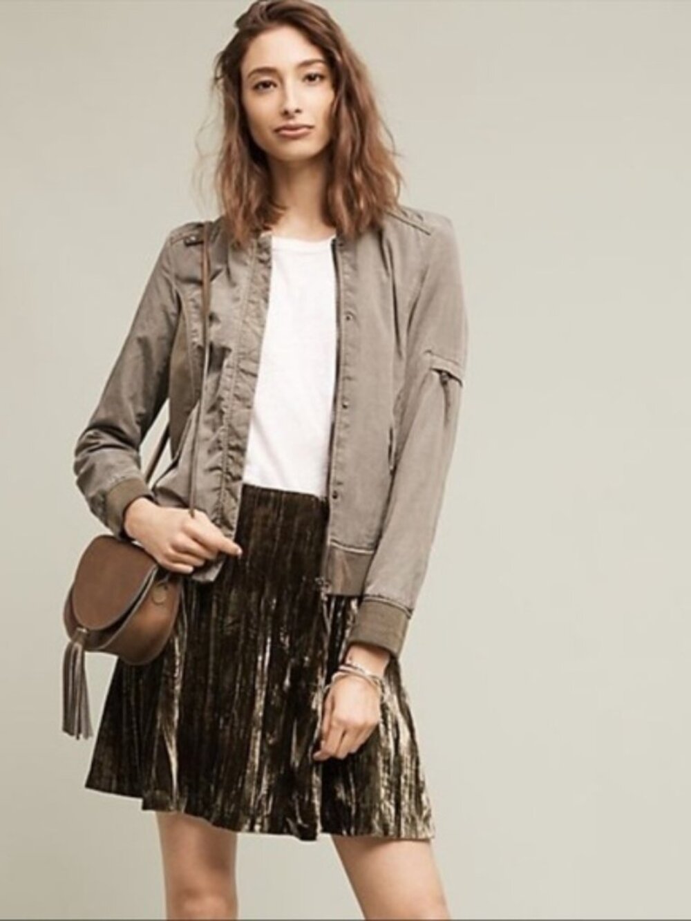 Anthropologie Maeve Skirt Above the Knee Crushed Velvet Olive Green - Size 14